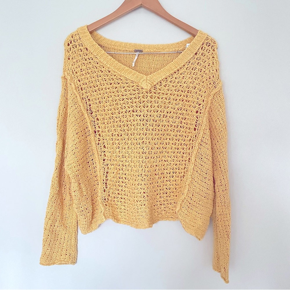 Free People Yellow Vneck Pullover Sweater Long Sleeve